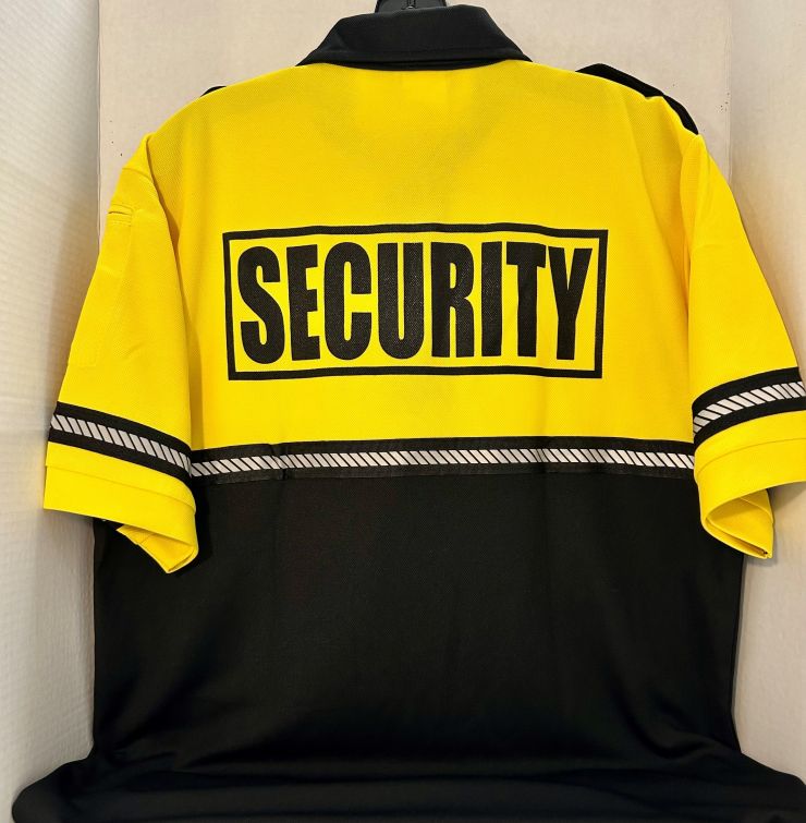 SECURITY YELLOW / BLACK BIKE PATROL POLOS WITH SHORT SLEEVES - SECURITY IN BLACK.